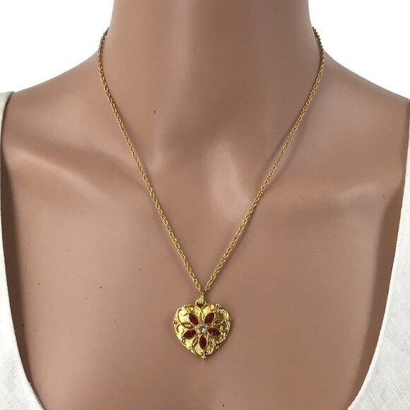 Avon Pendant Necklace Heart Shaped Red Rhinestone Gold Tone Chain - Picture 1 of 2
